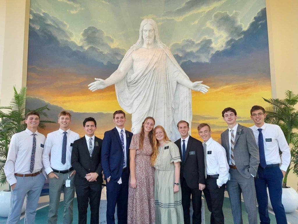 Alyssa and her MTC district in front of the Christus statue at the Sao Paulo Brazil Temple