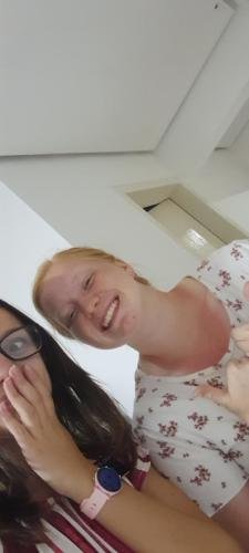 Sister Leopoldes and Alyssa with Alyssa's big thumbs up and sunburned neck