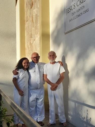 Laura and Dario outside the chapel before their baptisms