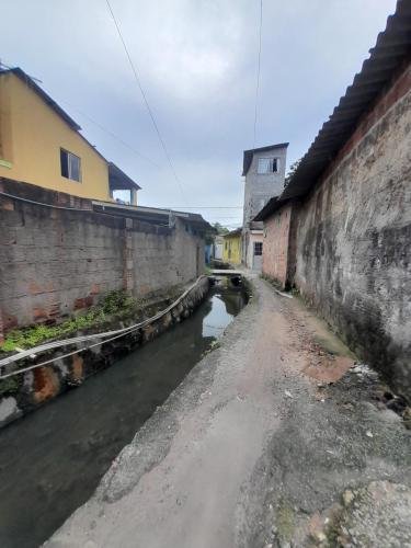 A walkway near a sewage pond