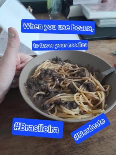 Alyssa makes a meme out of spaghetti and beans