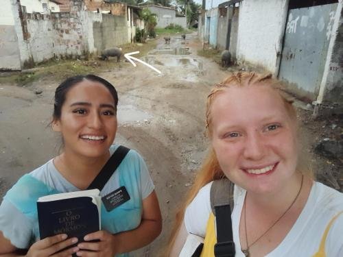 Alyssa and Sister Quispe in the streets of Jardin America with some pigs