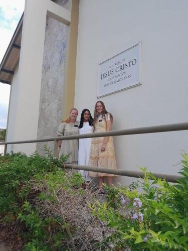 Alyssa and Sister Fuller outside the church with Letícia before her baptism