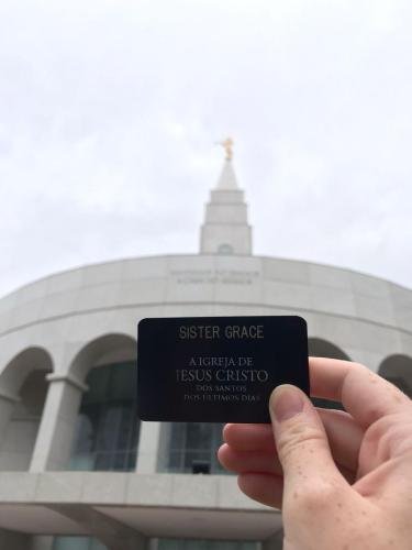 Alyssa's name tag in front of the temple