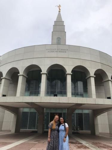 Alyssa and Sister Villatoro in front of the temple
