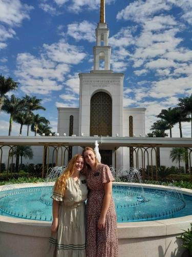 Alyssa and Sister Fuller by the fountain in front of the Sao Paulo pool