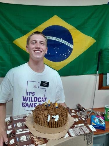 Elder Broc Benson with his makeshift birthday cake